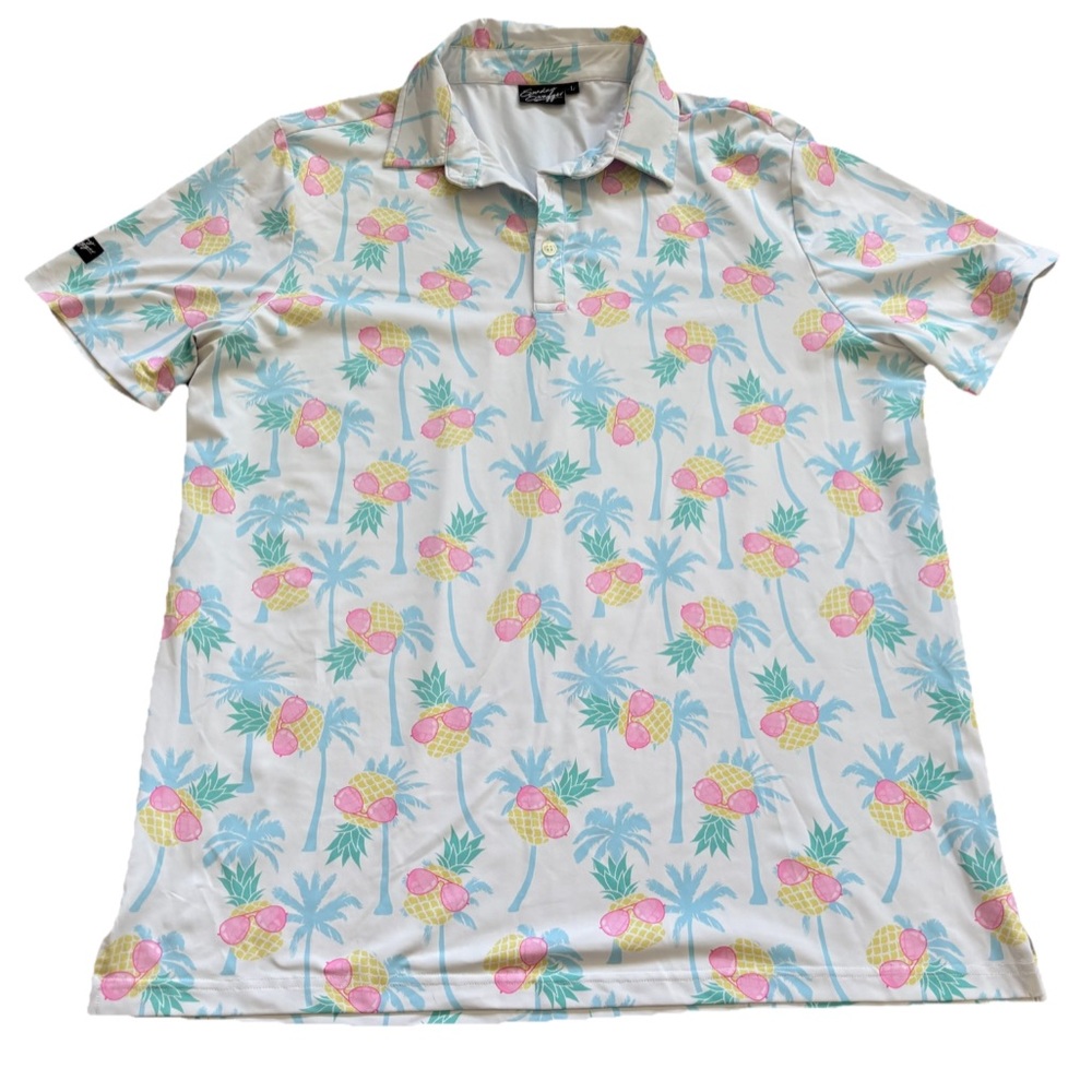 SUNDAY SWAGGER Tropical Print Men's Polo Shirt Size Large Novelty Vacation Fun